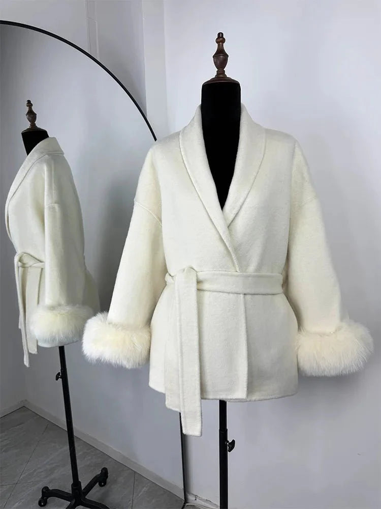 Wool Wrap Coat with Fox Fur Cuff