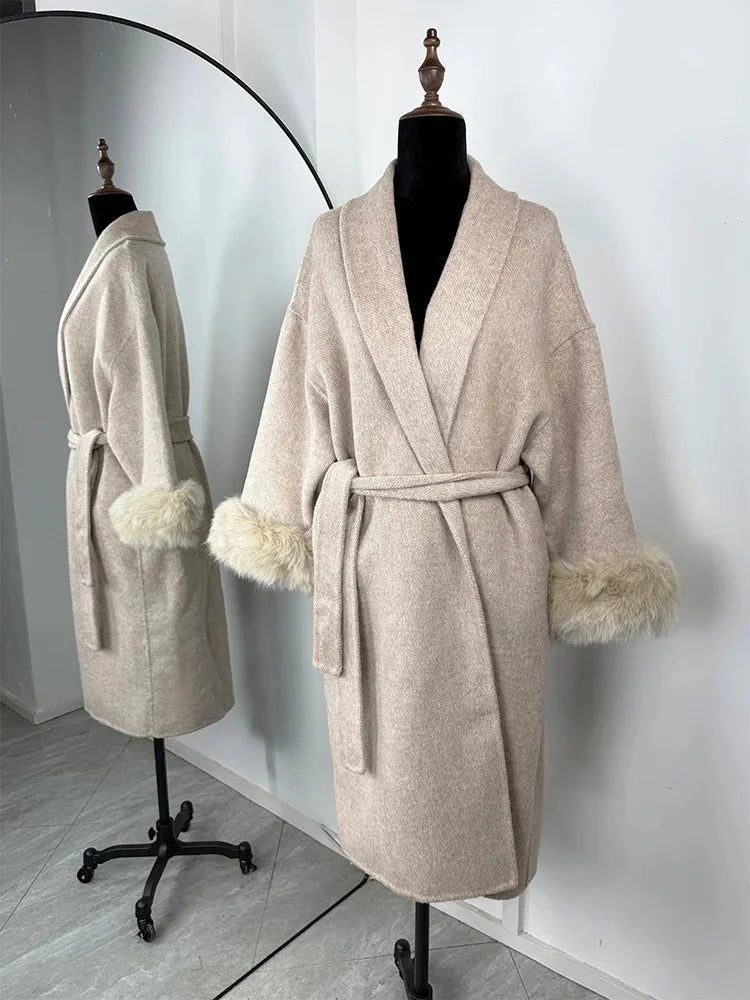 Wool Wrap Coat with Fox Fur Cuff