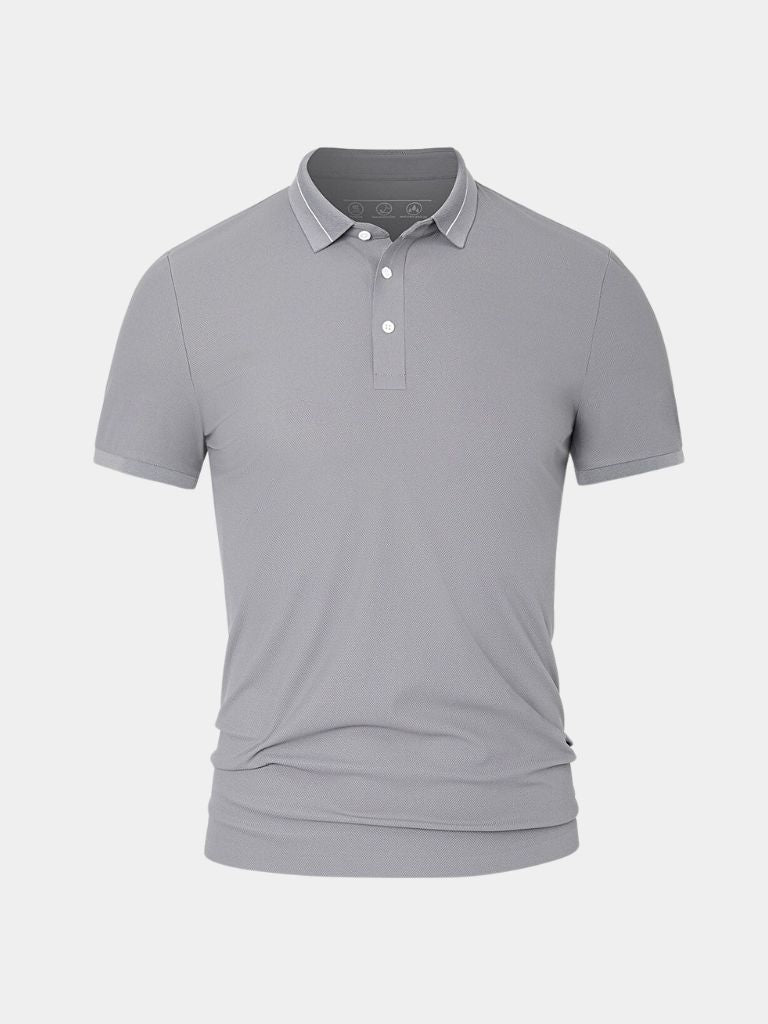 Steel grey polo shirt by Montaracrest featuring a cross crown design, displayed on a plain background.