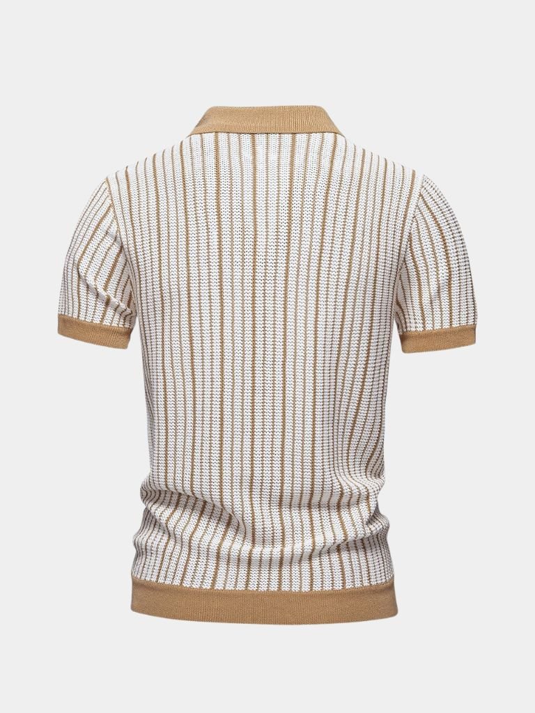 Striped-knit polo shirt by Montaracrest with a cross crown logo, featuring a classic collar and vibrant color stripes.
