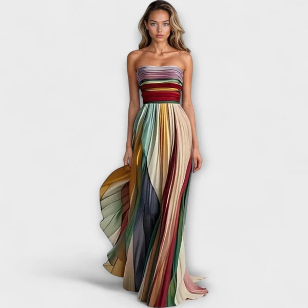 Montaracrest Asia casual long dress in sunset breeze fabric, featuring a flowing silhouette and elegant design.