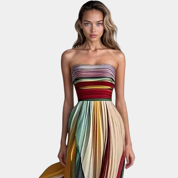 Montaracrest Asia long casual dress with flowing fabric, sunset breeze background, elegant and comfortable for everyday wear.